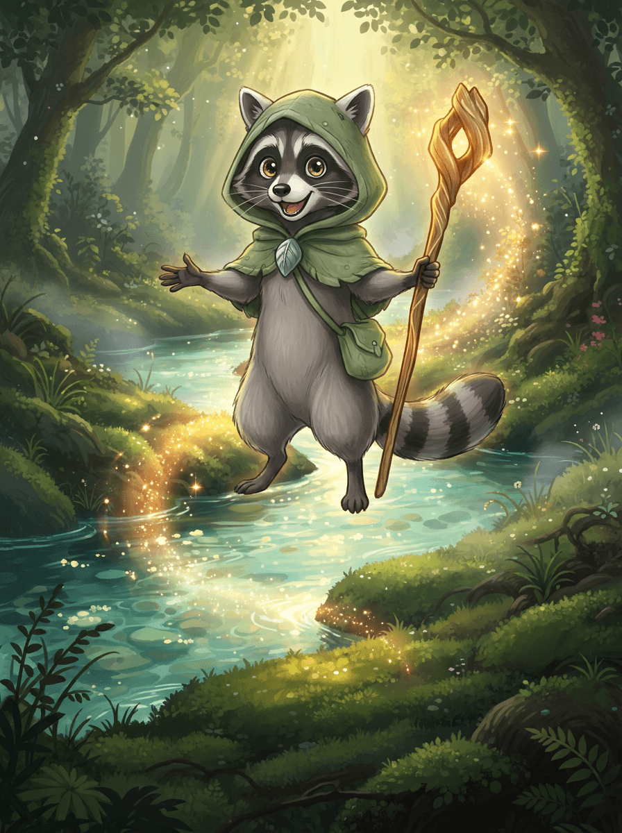 Raccoon, a kisfiú mosómedve zöld csuklyában és varázsbottal az erdőben.