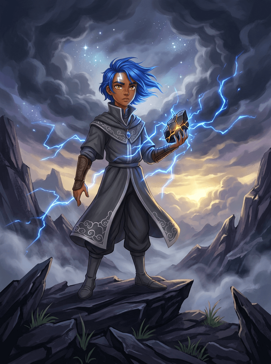Mladý kouzelník Ryu s modrými vlasy stojí před magickým Oltářem ozvěn.