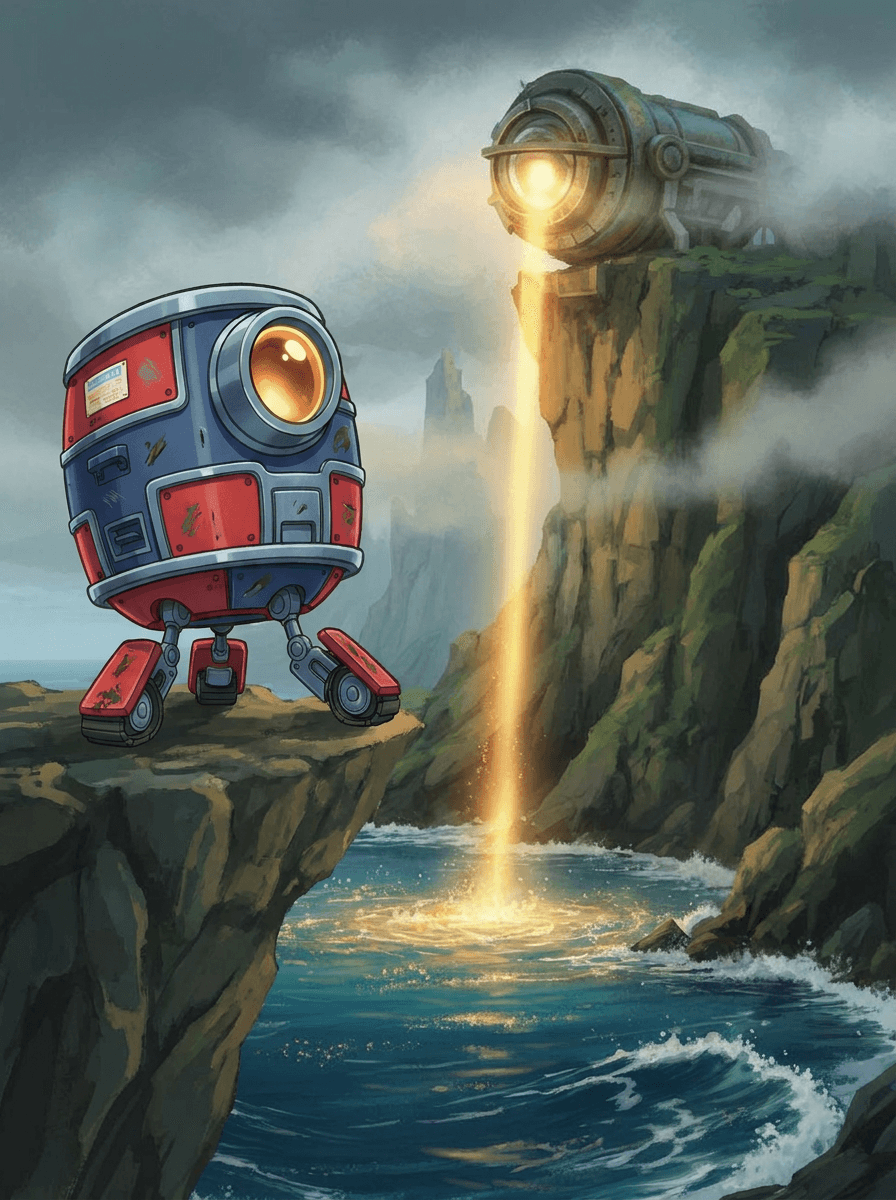 O robô Beep com sua lente dourada entre caravelas e o mar.