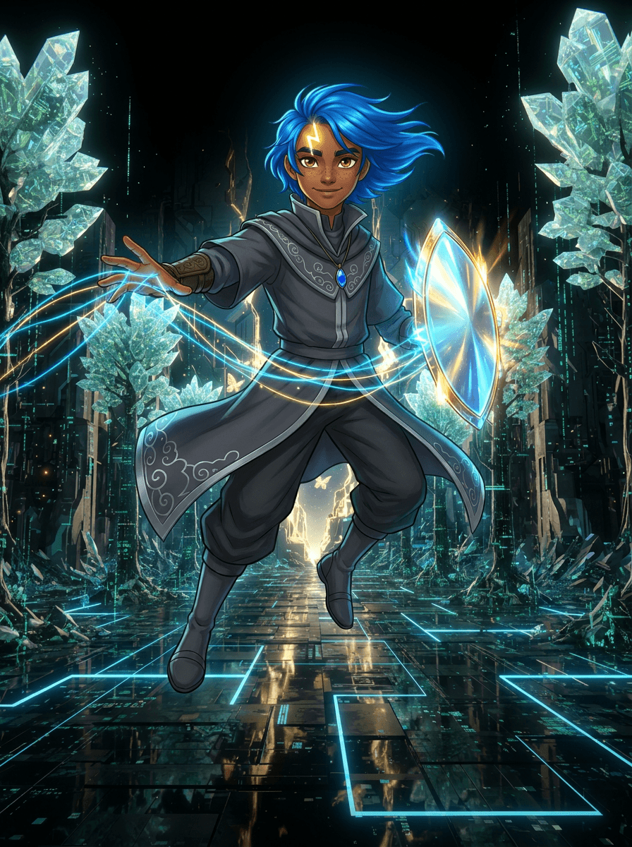 Ryu with electric-blue hair stands in the pixelated Neon Kingdom forest.
