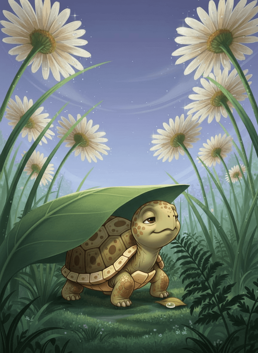 La tortuga Tula camina por un jardín de margaritas gigantes y hierba.