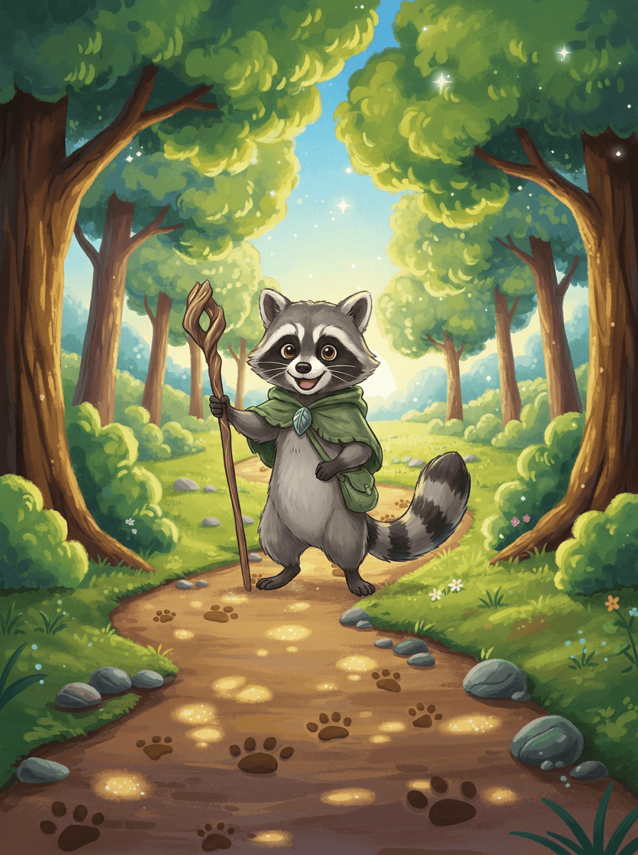 Raccoon con mantello verde e bastoncino magico segue orme nel bosco.