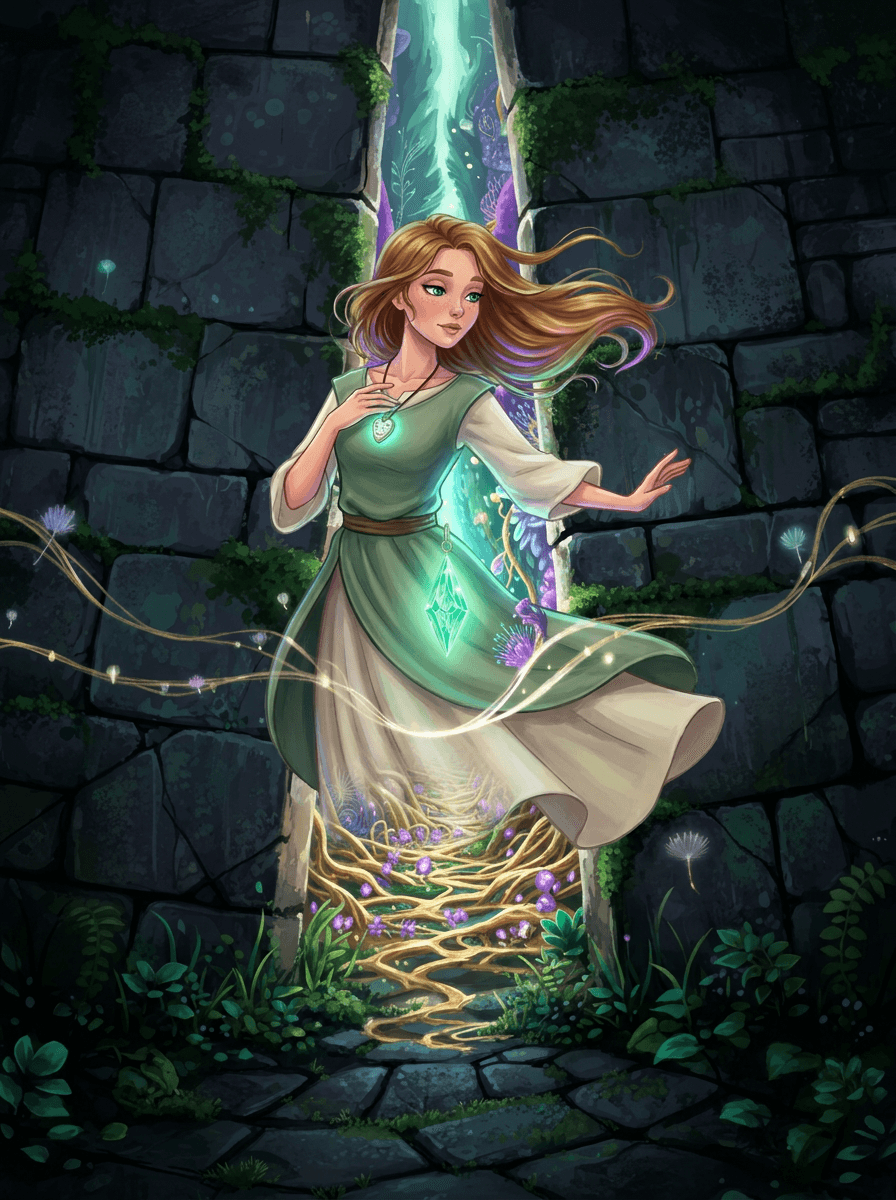 Elizabeth stands in a glowing violet garden holding her teal ceramic pendant.