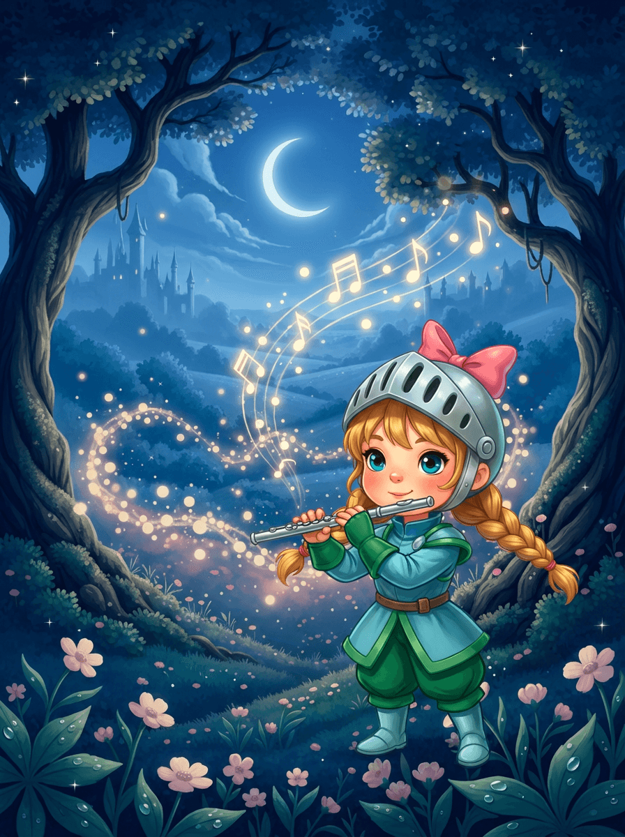 Rytířka Jasmínka s flétnou v ruce stojí před obrovským spícím obrem.