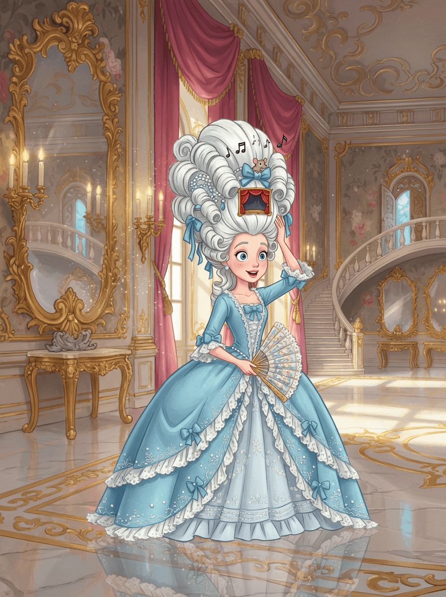 Princezna Amabel s obří bílou parukou v bohatě zdobeném barokním sále.