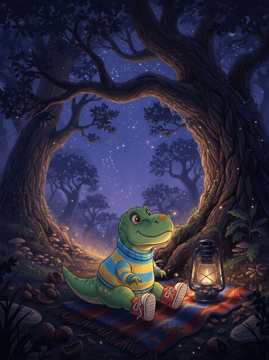 Dinosaurus Rex v pruhovanom svetri stojí s baterkou pod starým dubom.