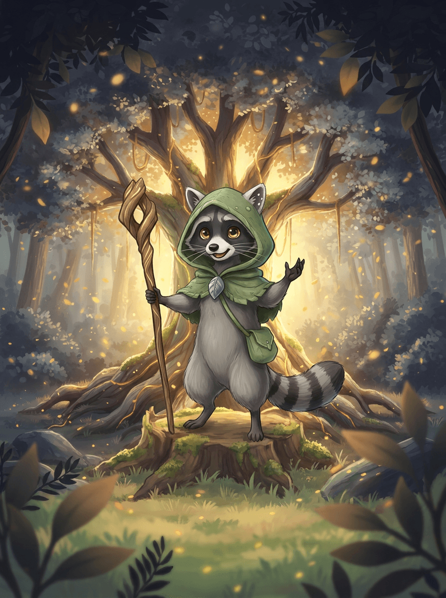 Le petit Raccoon avec sa capuche et son bâton magique en forêt.