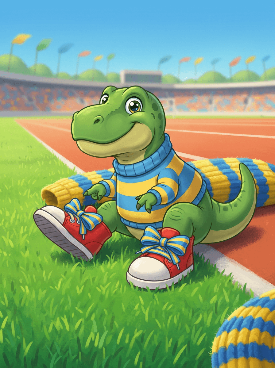 Mały dinozaur Rex w pasiastym swetrze wiąże buty na Dzień Sportu.