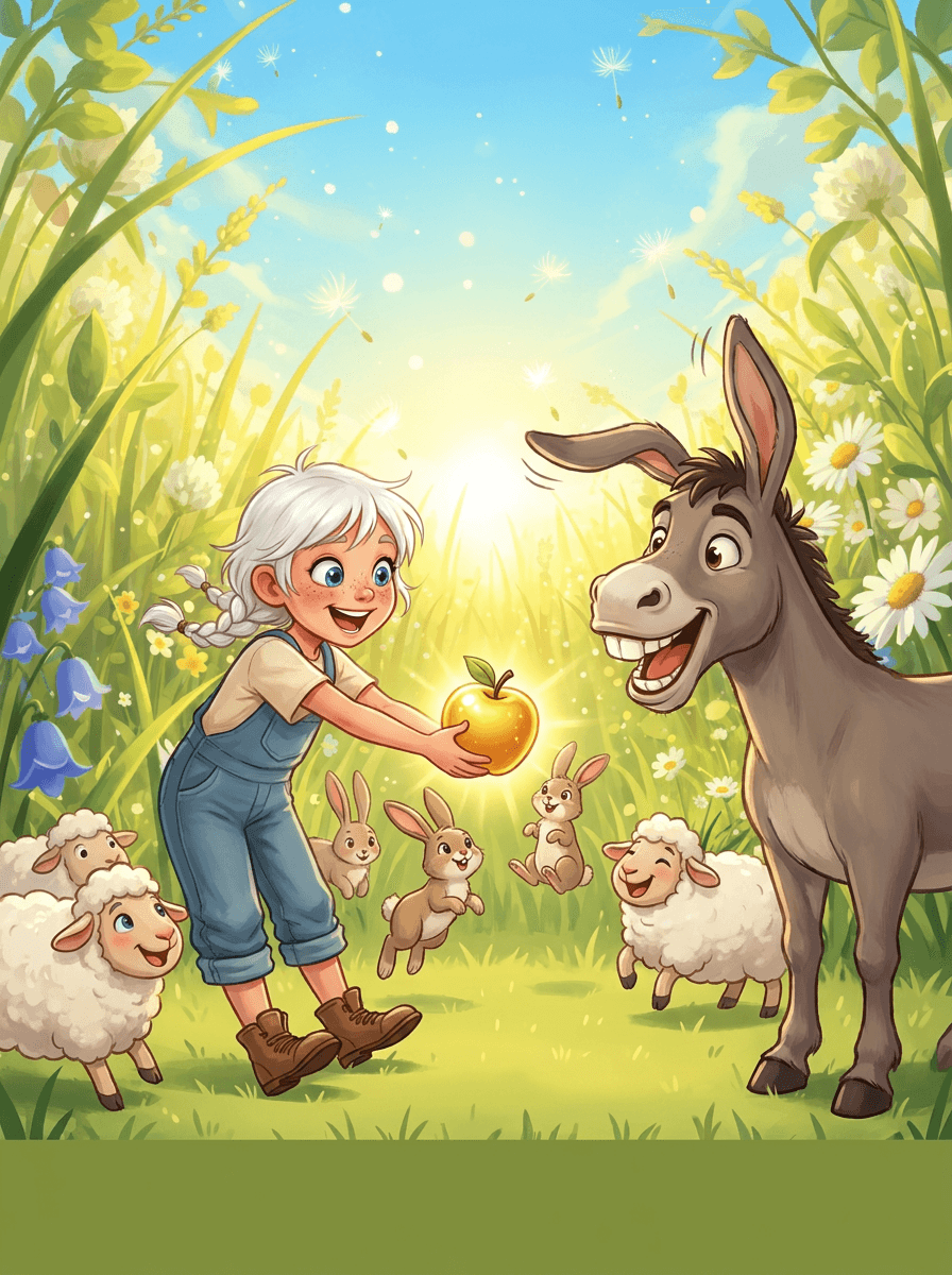 Zoe met witte pluisjeshaar deelt magische glimmende appels uit in de wei.