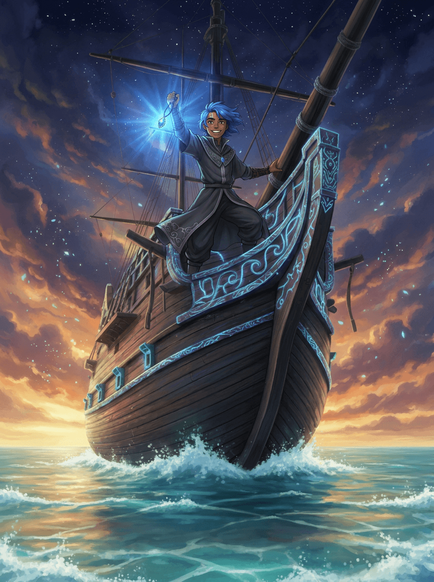 Blauhaariger Junge Ryu steht lächelnd vor seinem magischen, silbern glühenden Schiff.