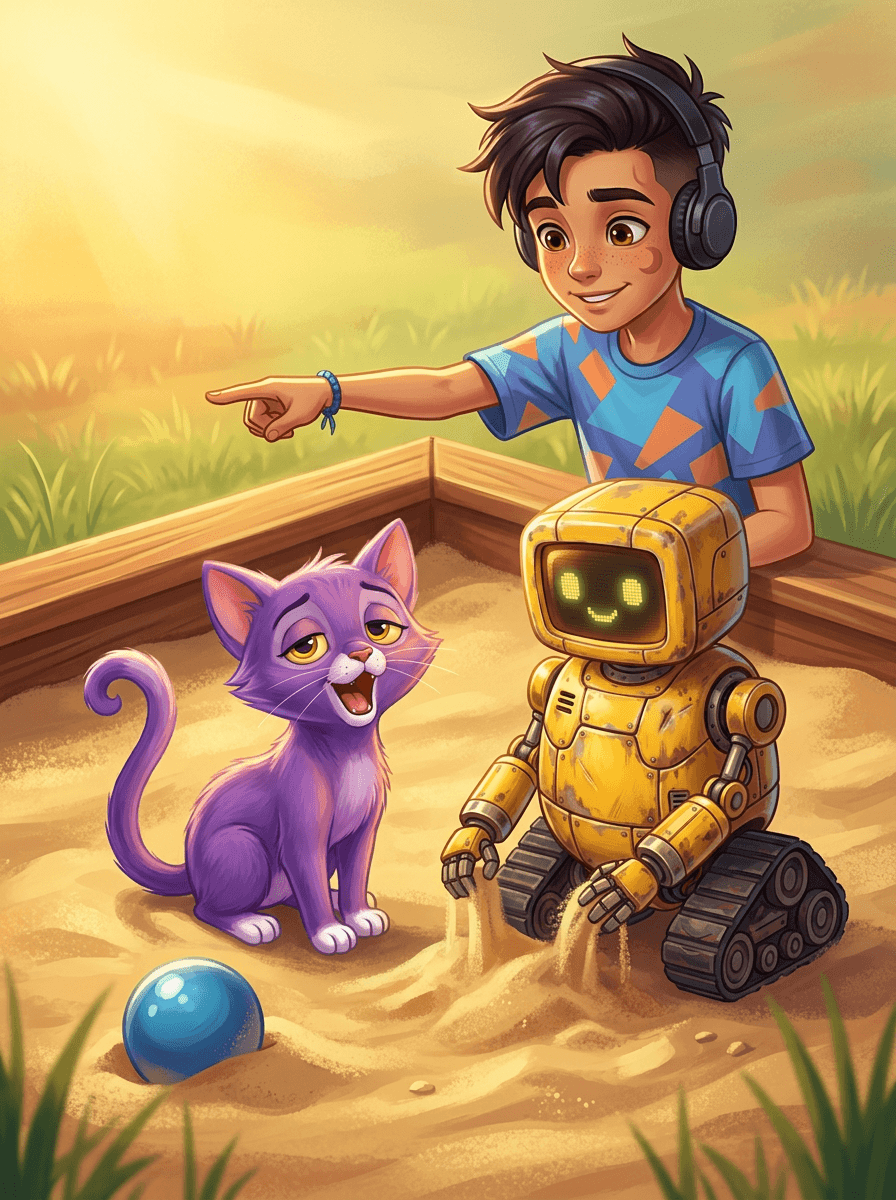 Kattungen Nola leter i sandkassen sammen med robotvennene Echo og Robi.
