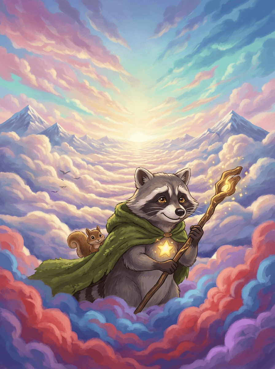 Raccoon con su bastón brillante camina seguro entre esponjosas nubes multicolores.