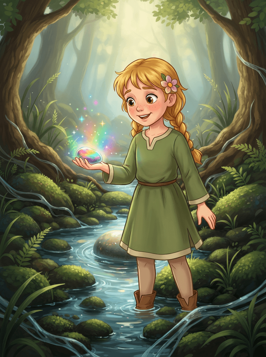 Sedmiletá holčička Elen drží v hlubokém lese v dlani svítící kouzelný kamínek.