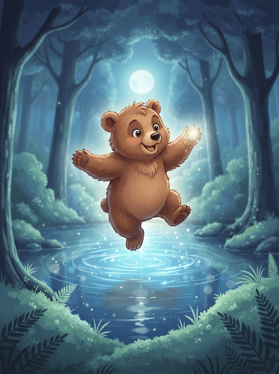 Medvídek Bruno sedí u kouzelného modře zářícího rybníka v tichém lese.