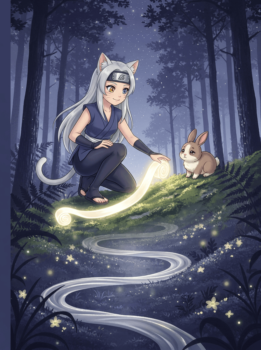 A ninja-gato Shiki guia um coelhinho pela floresta sob a lua.