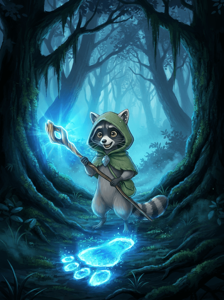Мандрівник Raccoon з магічним посохом у таємничому лісі біля велетенського сліду.