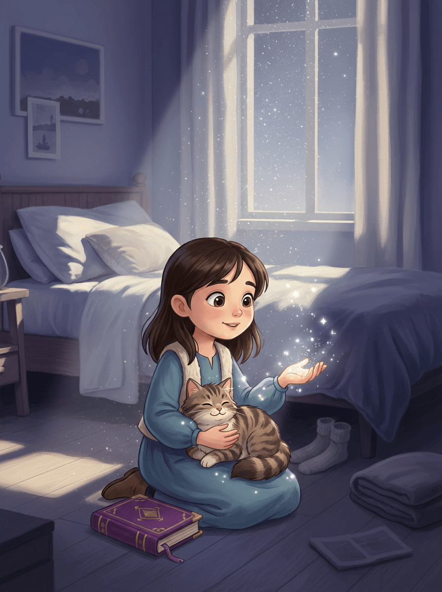 Mila bakes glowing stardust muffins in her quiet moonlit kitchen with Pip.