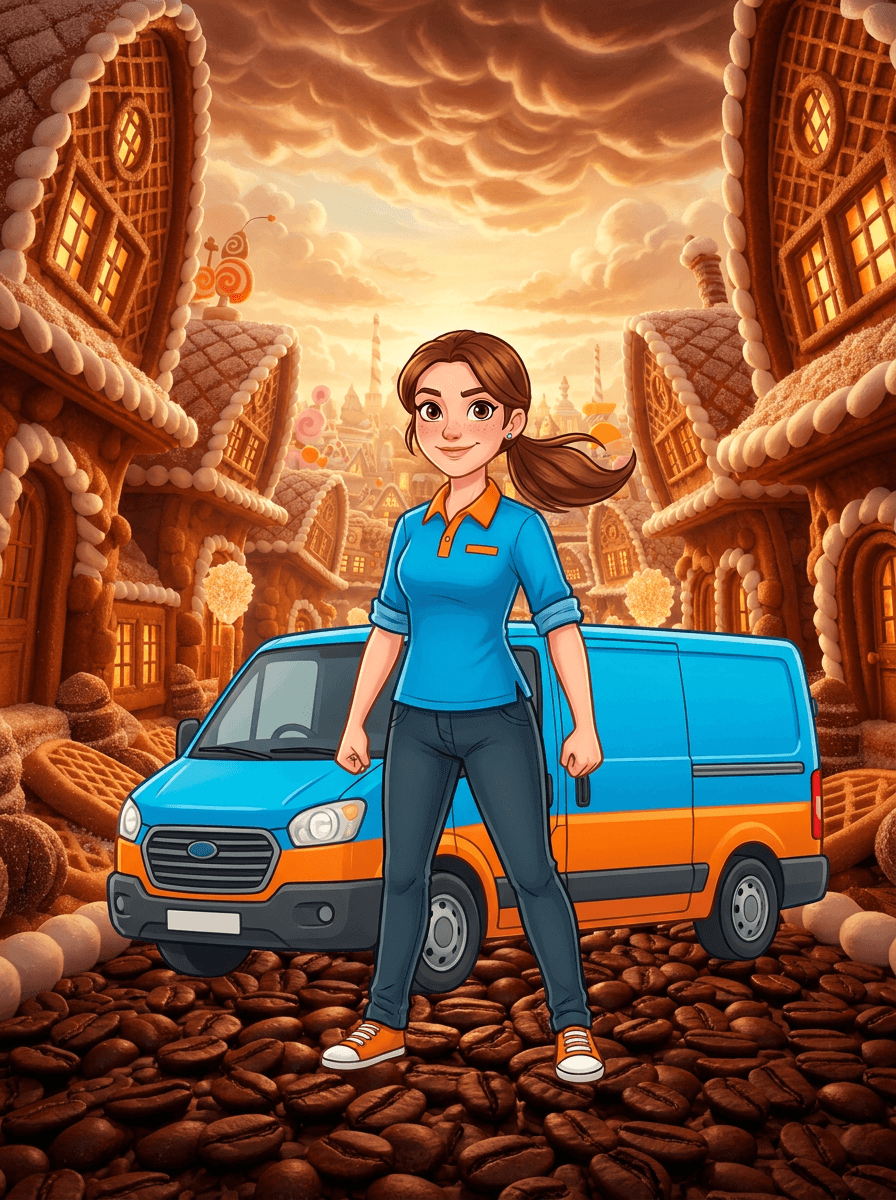Chantal in blauw-oranje uniform voor een koekjesdorp met koffiebonenstraten.