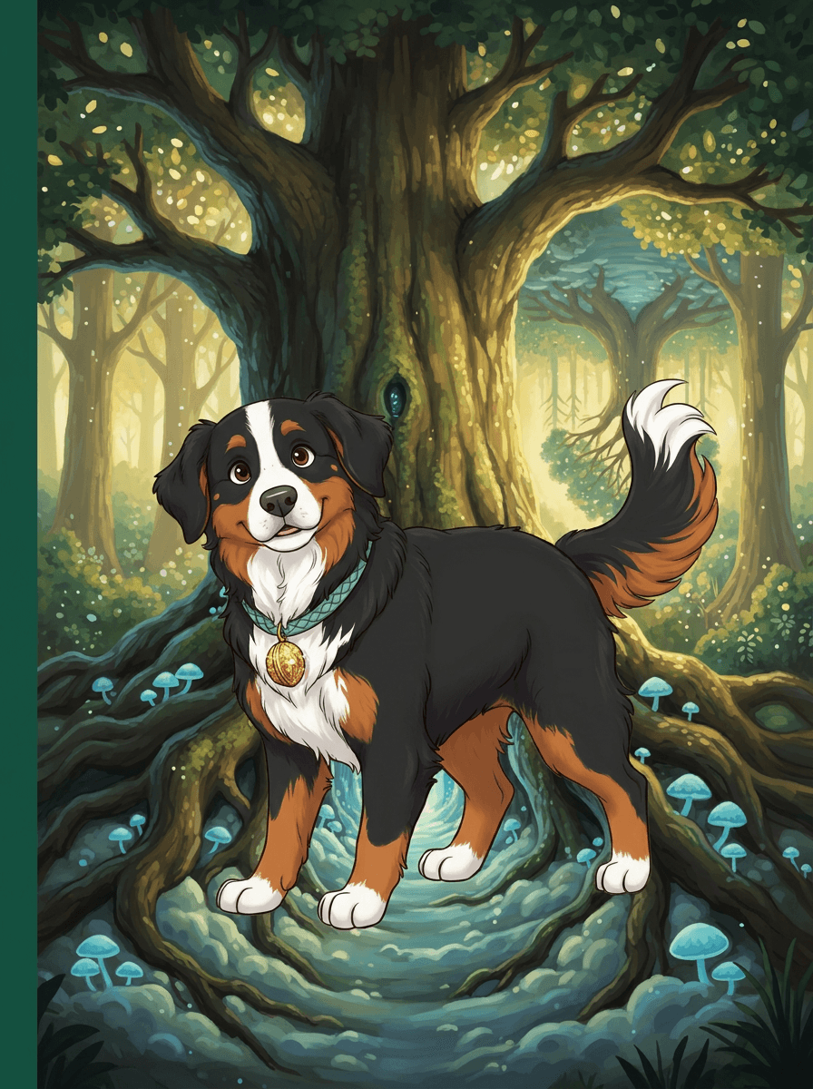 Hunden Trixi ved en magisk tunnel indgangen til den fortryllede skov.