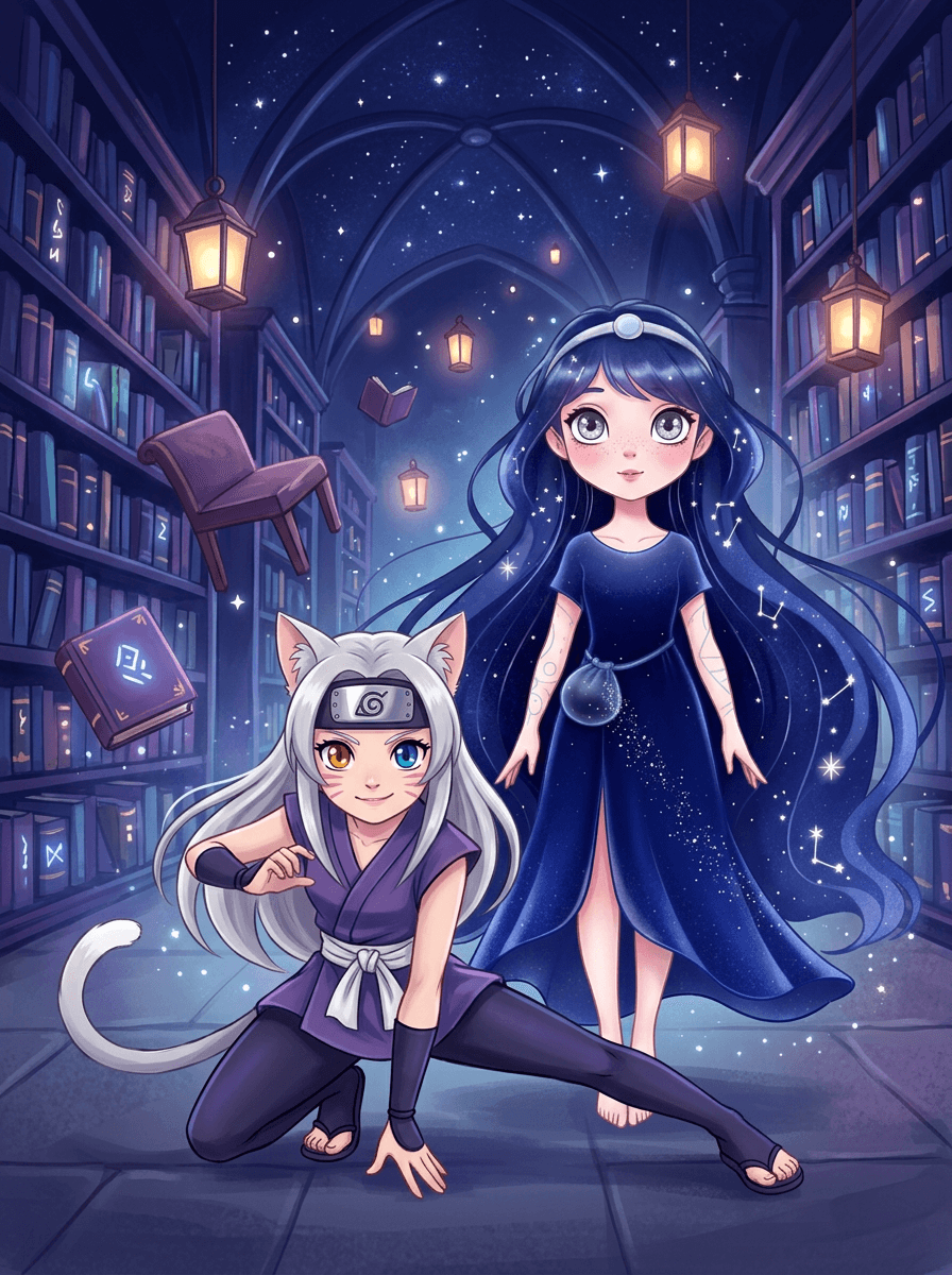 La ninja Shiki e Nova tra banchi volanti e luci magiche.