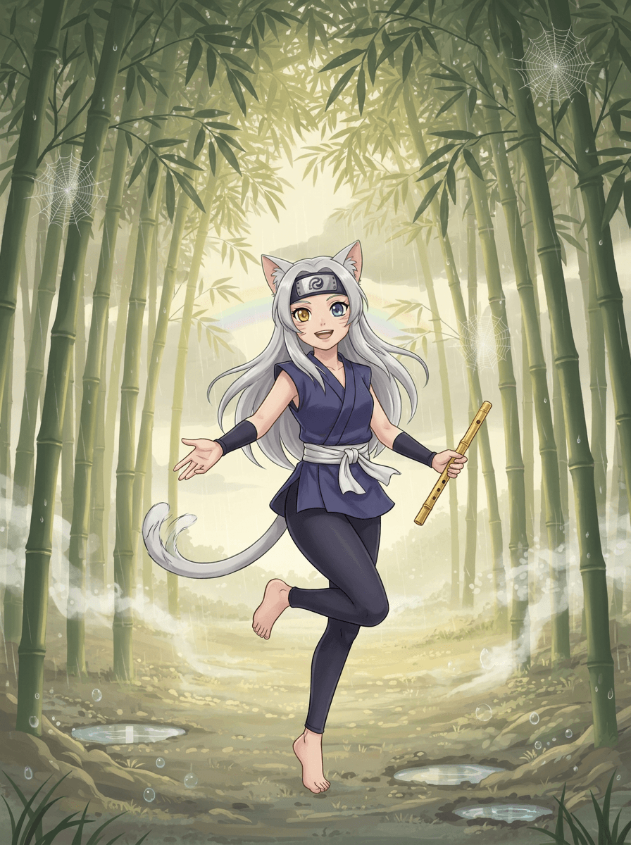 Shiki la niña gato ninja en el Bosque de Bambú Susurrante.