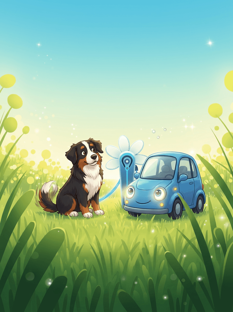 Hunden Trixi ved siden av den blå elbilen Elly i solen.