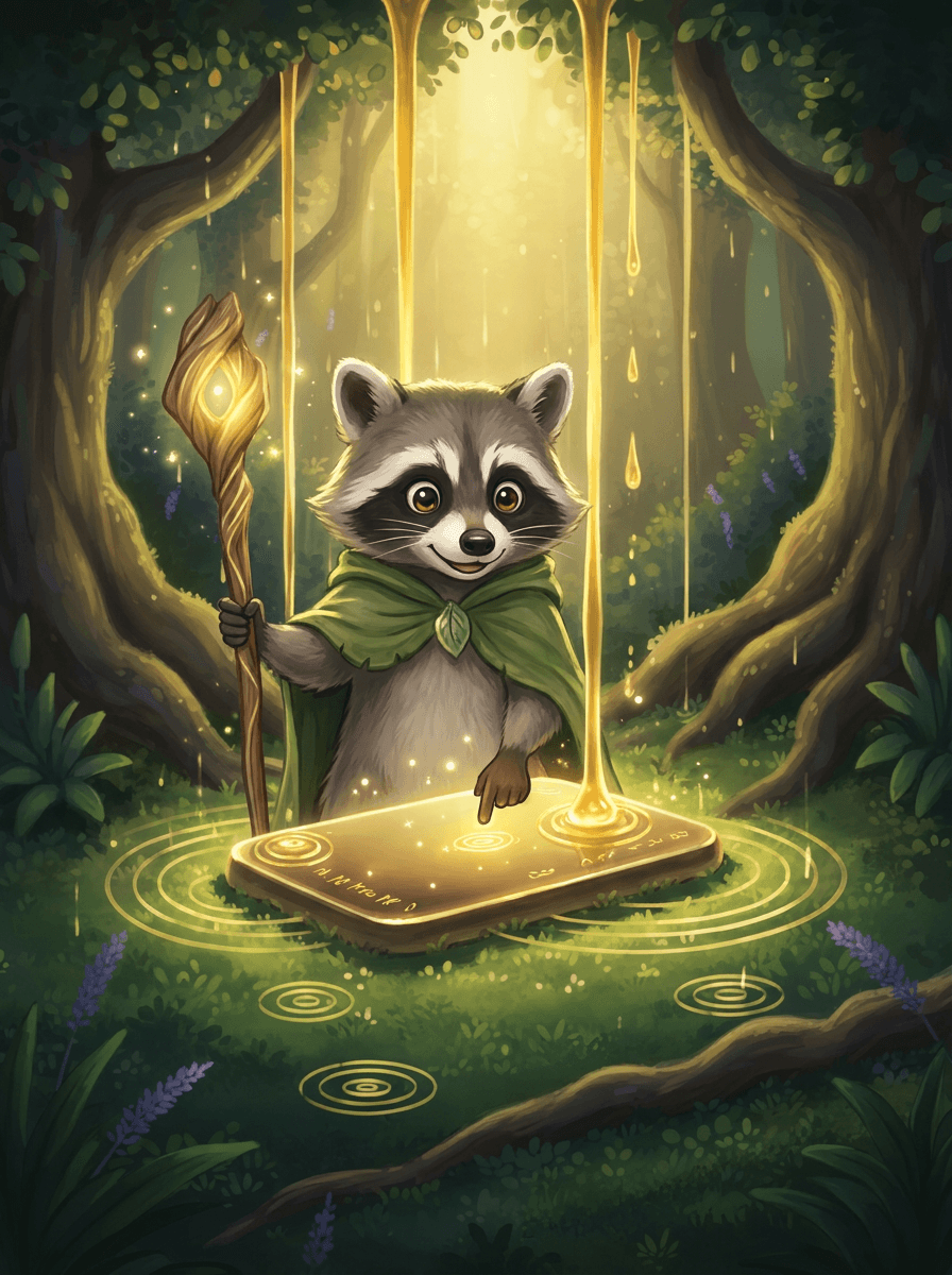 Il piccolo Raccoon con mantellina verde tiene un tablet di pietra magica.