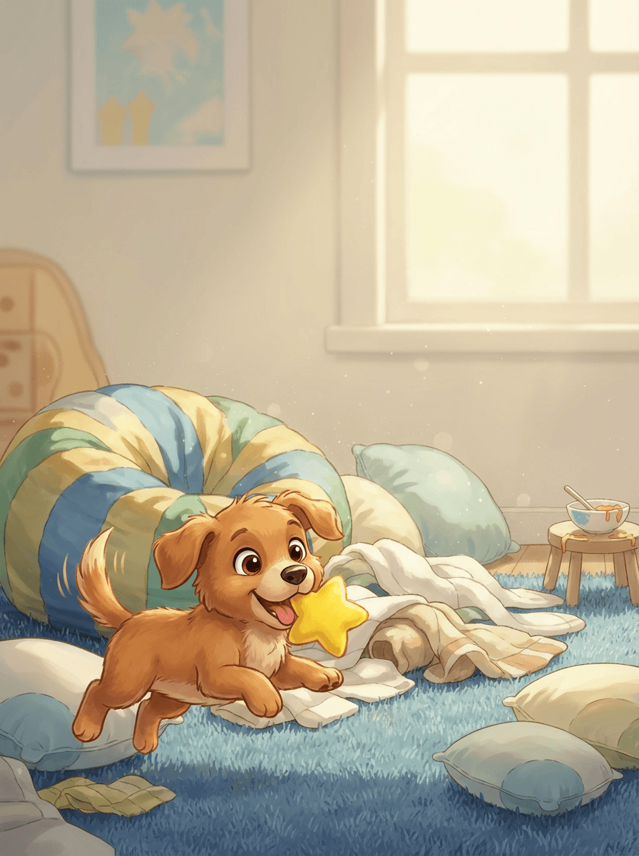 Pejsek Alík radostně hledá svou ztracenou hvězdičku uprostřed útulného dětského pokoje.