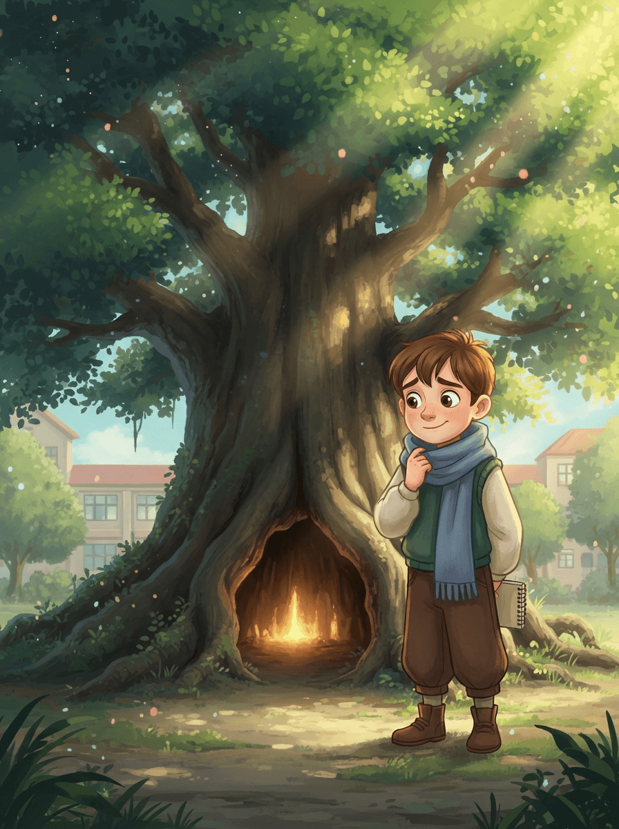 Chlapec Oliver se šálou stojí před tajným úkrytem ve starém stromě.