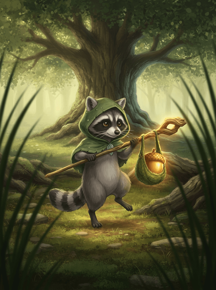 A clever raccoon holding a glowing staff in the Whisper Woods.