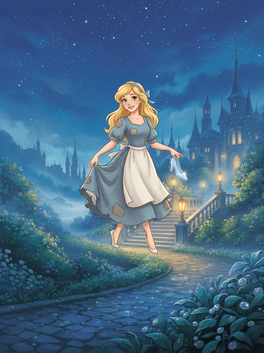 Cinderella in a sparkling gown standing before a magical golden pumpkin coach.