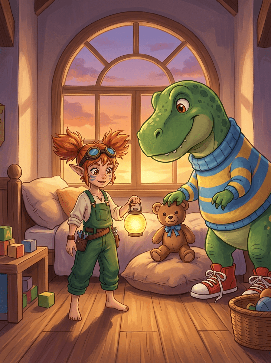 Spark e Rex na ponta dos pés dando boa noite aos brinquedos.