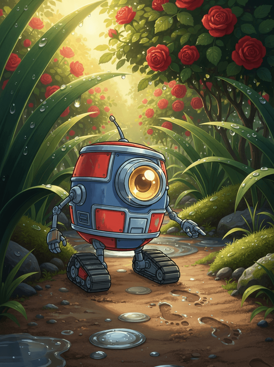 Robot Beep na gąsienicach tropi mokre ślady w kolorowym ogrodzie.