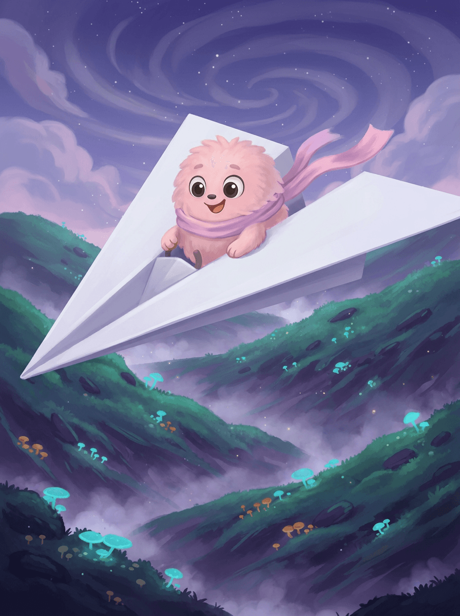 Fluffy et le dragon Ignis volent sur un avion en papier.