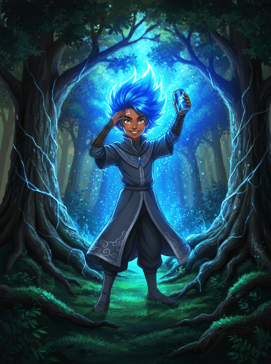 Ryu with glowing cobalt hair cleaning the magical Whispering Woods.