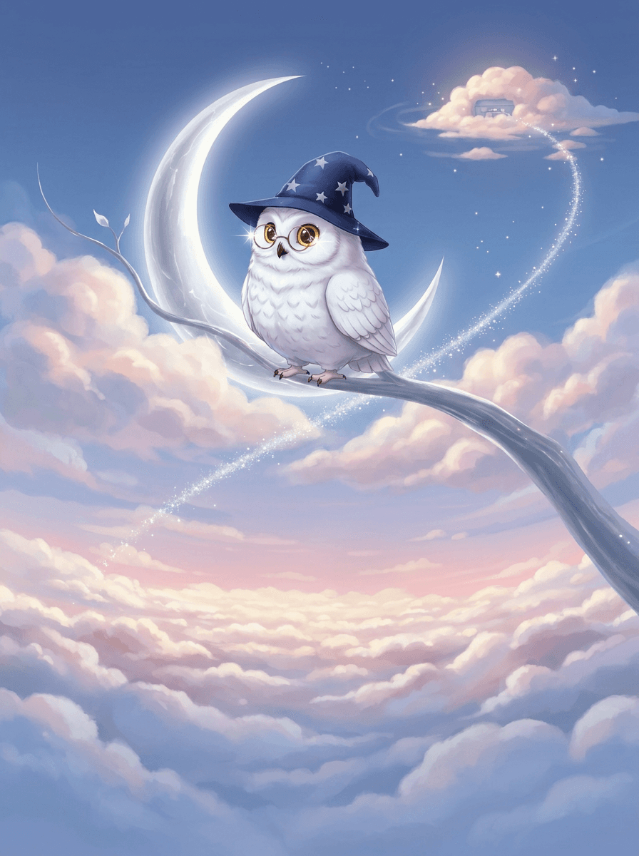 Wise owl Luna wearing a wizard hat guiding fluffy trucks through mist.