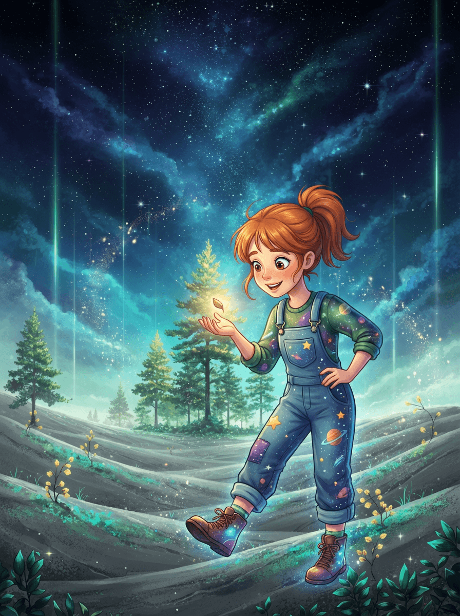 Ema a Jakub v prosklené vesmírné lodi uprostřed nekonečných hvězd a planet.