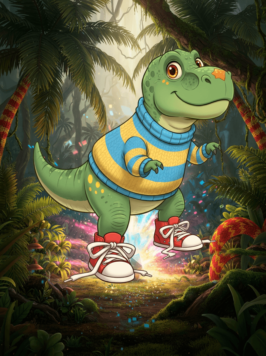 Dinosaurus Rex v pruhovaném svetru a teniskách tancuje v pravěké džungli.