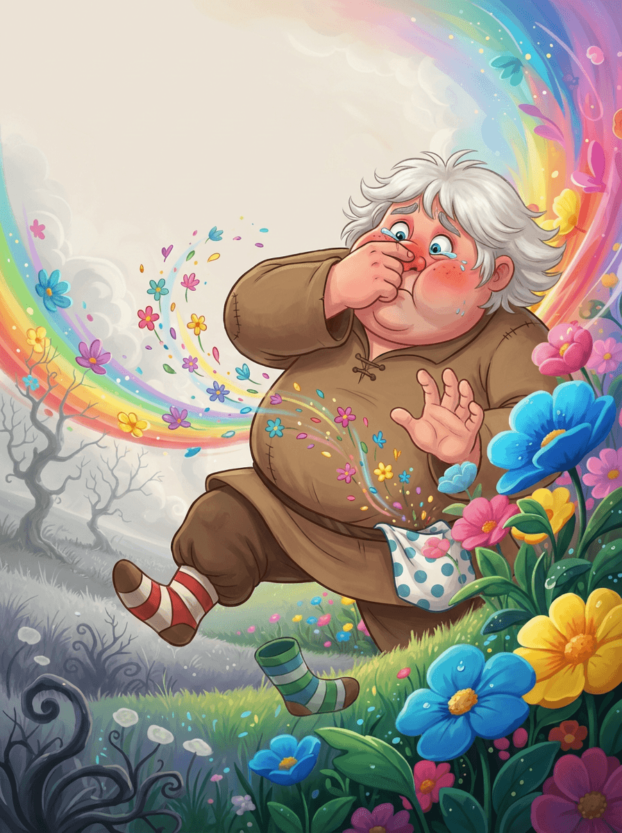 Usměvavý obr Barnabáš v pestrobarevném údolí plném obřích rozkvetlých květin.