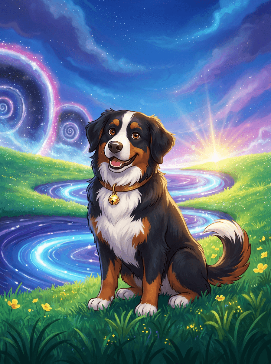 Cățelușa Trixi la bordul navei spațiale explorând un univers magic plin de stele.