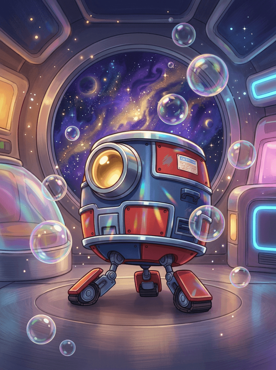 O robô azul Beep soprando bolhas coloridas dentro de sua nave espacial.