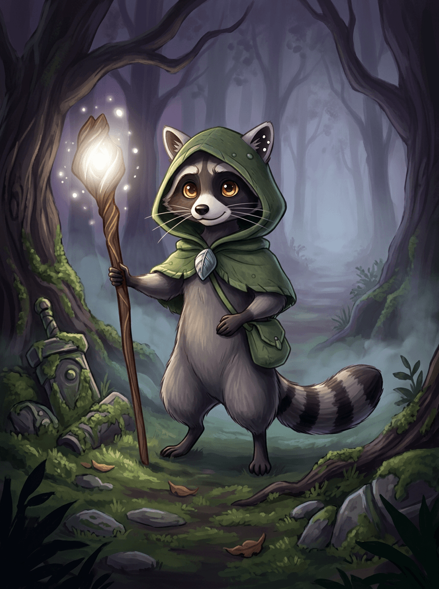 Mýval Raccoon v zelenom plášti kráča s palicou cez strašidelný cintorín hračiek.