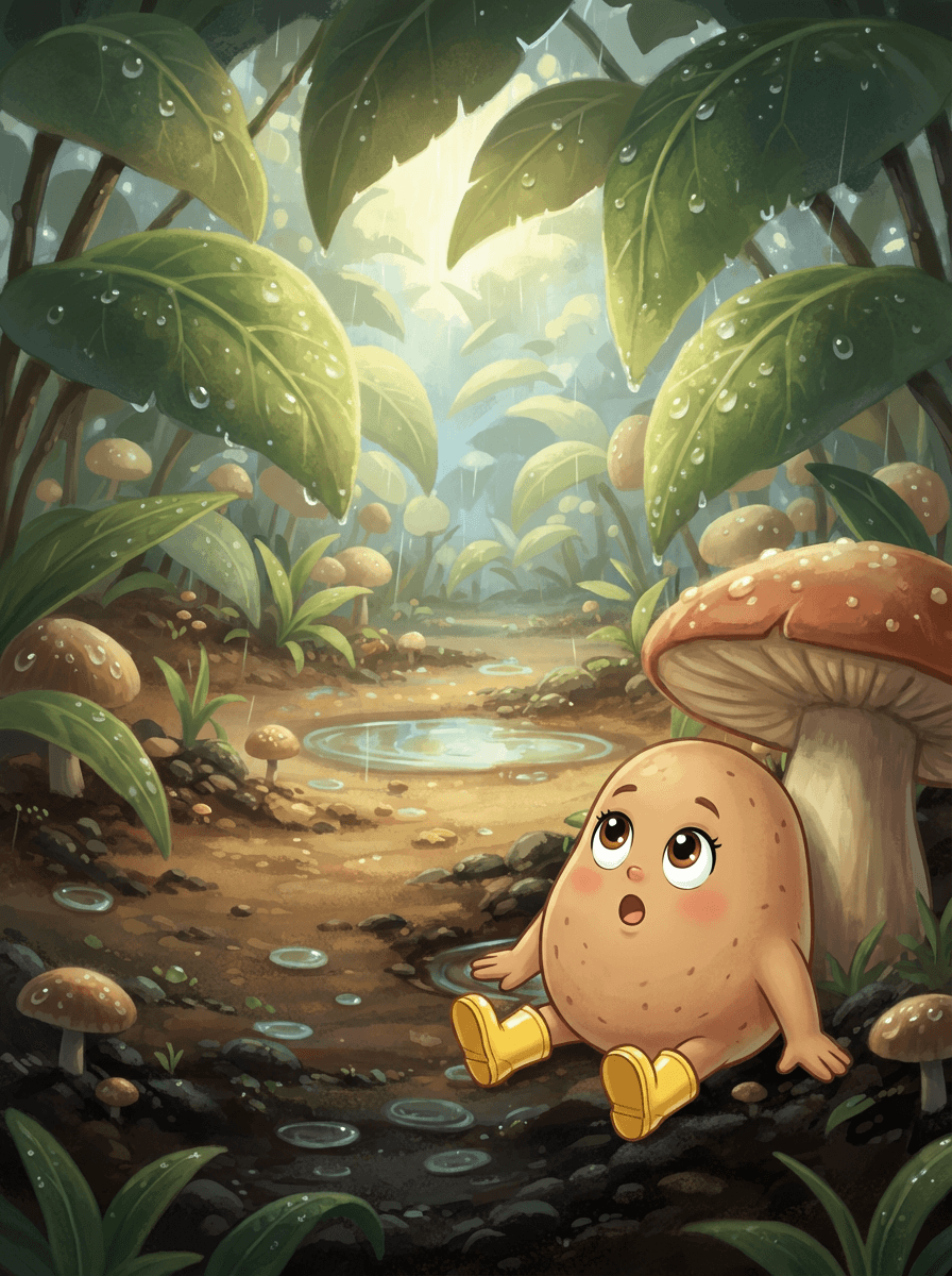 Brambora Bára ve žlutých holínkách pozoruje déšť padající z mraku Šedivce.