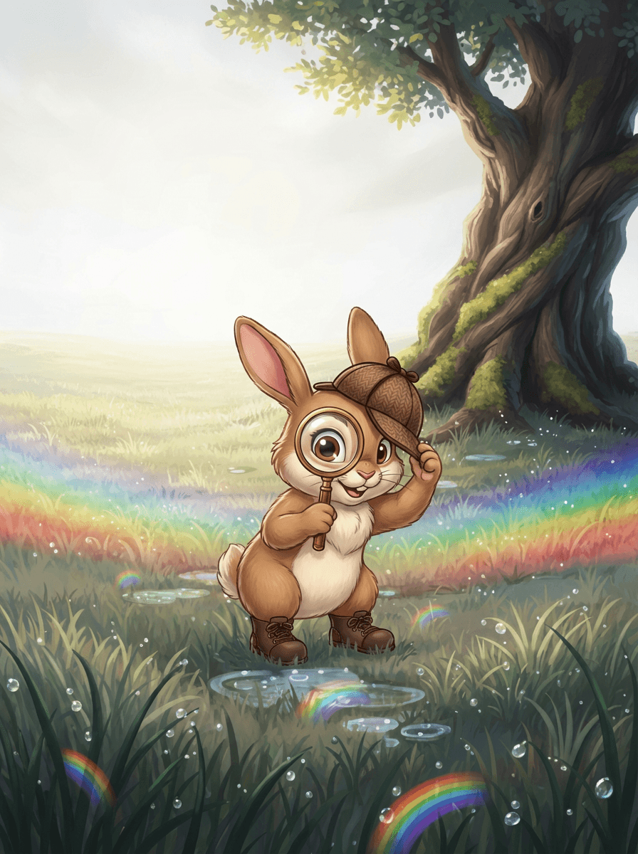 Barnaby the Bunny wearing a detective cap holds a magnifying glass in a grey meadow.