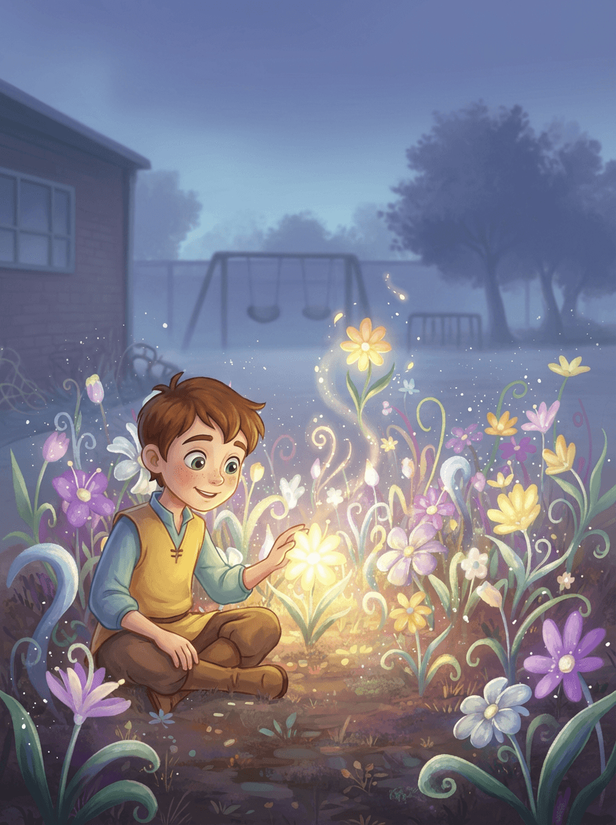 Leo stands in a glowing garden of magical flowers within a schoolyard.