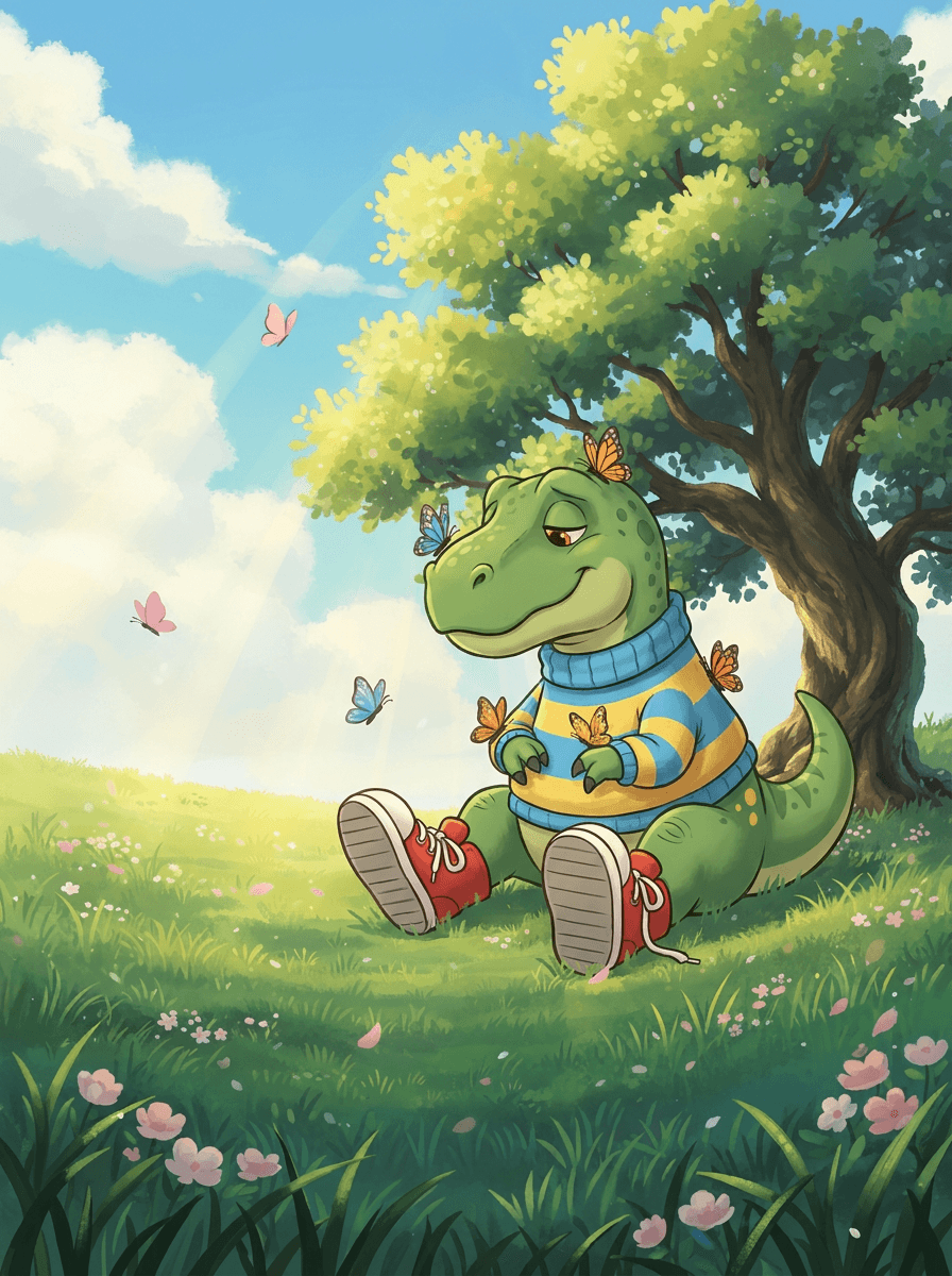 Dino Rex im bunten Pullover mit freundlichen Schmetterlingen auf einer Wiese.
