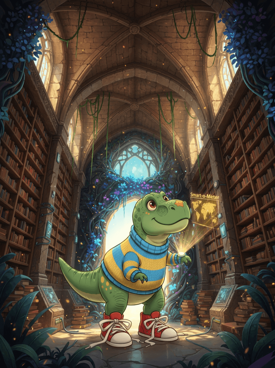 Rex, o dinossauro de suéter e tênis, descobrindo a biblioteca mágica.