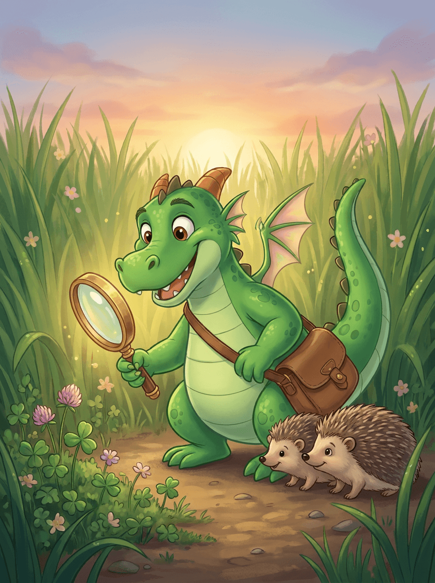 Dragonul Zog explorează iarba înaltă cu lupa sa magică de detectiv.