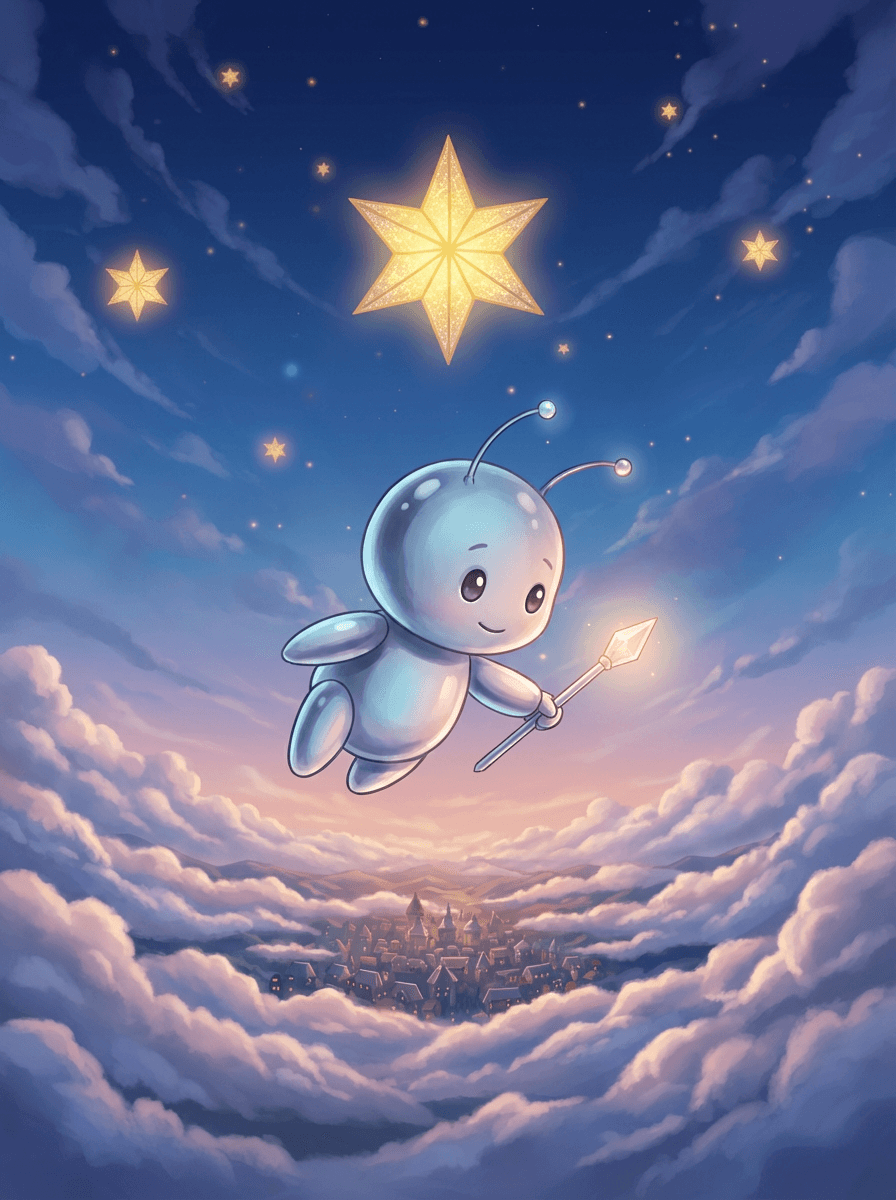 Stříbrný satelit Snílek s tykadly letí vesmírem mezi zářícími hvězdami.