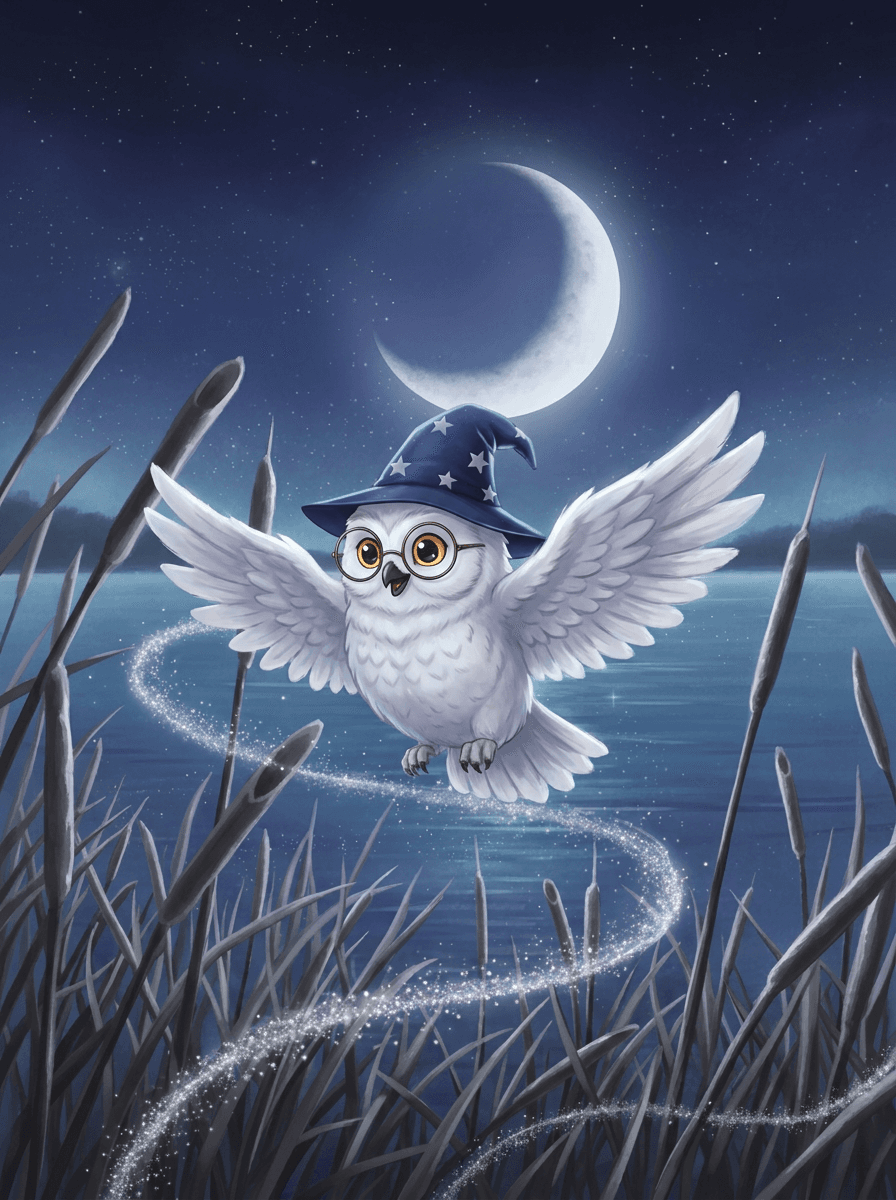 Мудрая совушка Luna в звёздной шляпе и очках на ветке дерева.